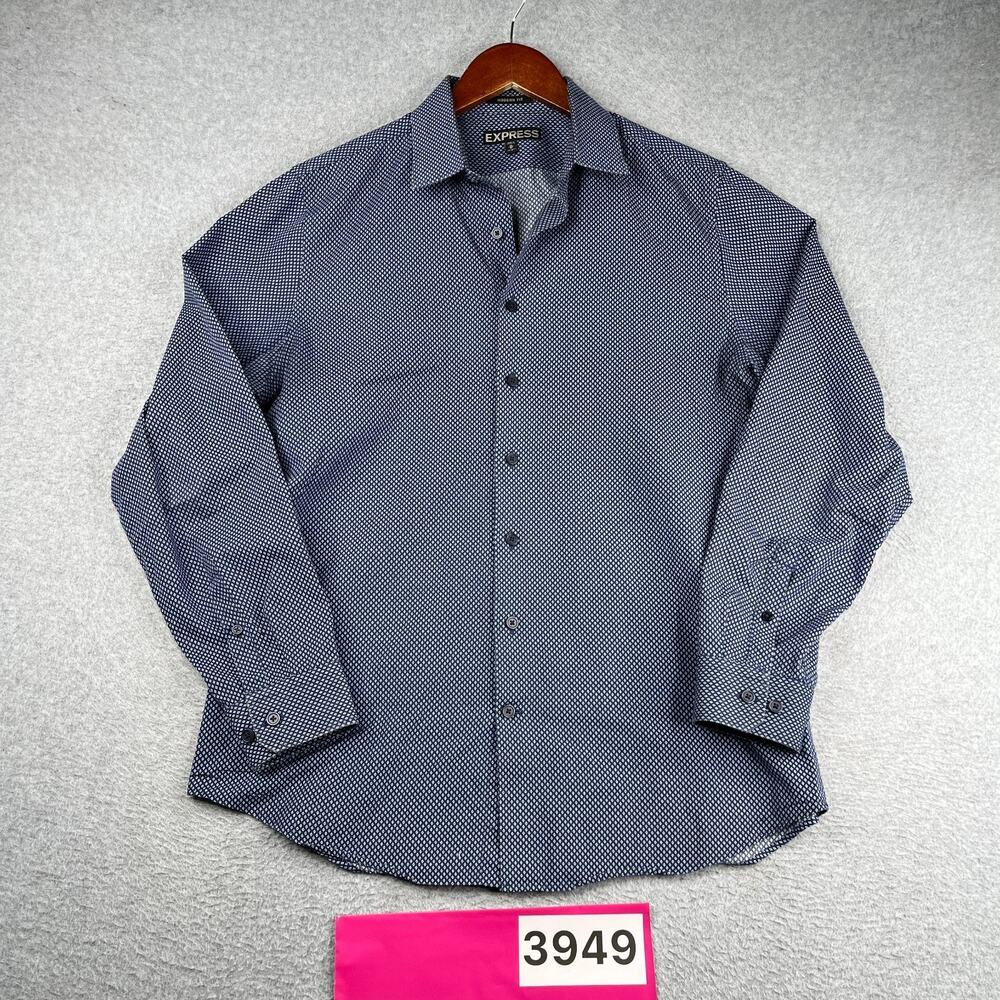 Expres Modern Fit Shirt Navy Blue Geometric Button Up Long Sleeve Mens Medium